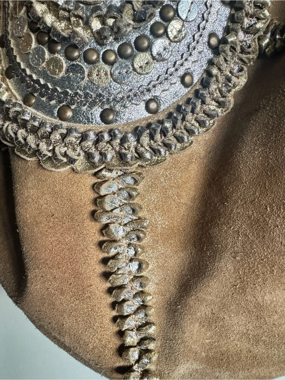 Chico's Tan Suede Hobo with Silver Trim and Studded Medallion Center